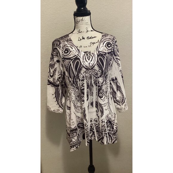 One world Black & White Paisley Print Blouse Size XL - Picture 2 of 5